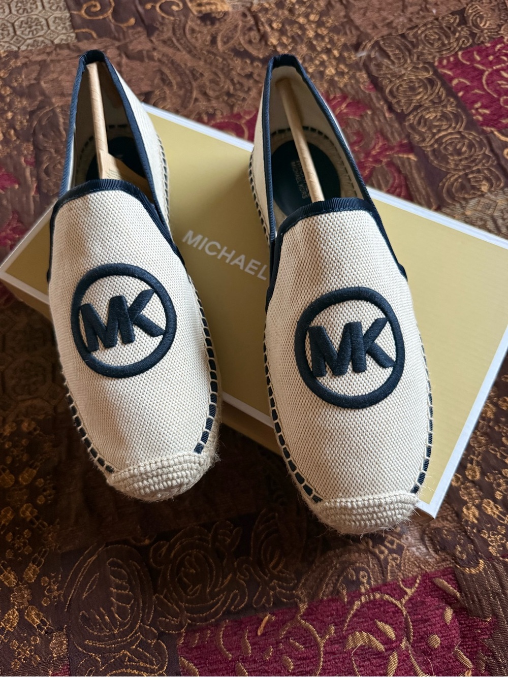 Michael Kors Cream Canvas Espadrilles with Navy MK Logo - NWOT